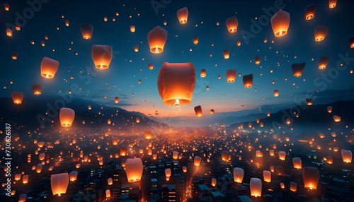 Numerous sky lanterns floating at dark blue sky. 