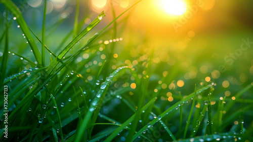 Dewdrops Glistening on Grass at Sunrise