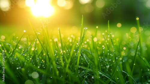Sunset Glow on Dew-Adorned Green Grass