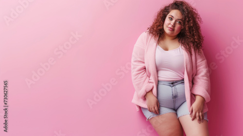 Authentic overweight girl standing against a pink wall, copy space