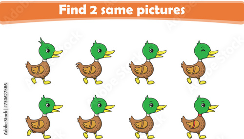 Funny cartoon little duck. Find two same pictures. Educational game for children. Cartoon vector illustration
