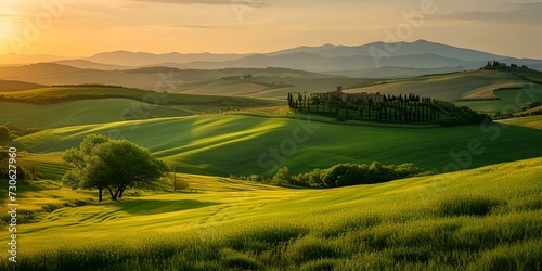 Serene sunrise over rolling green hills  soothing landscape for calm backgrounds and tranquil settings. nature s beauty captured at dawn. AI