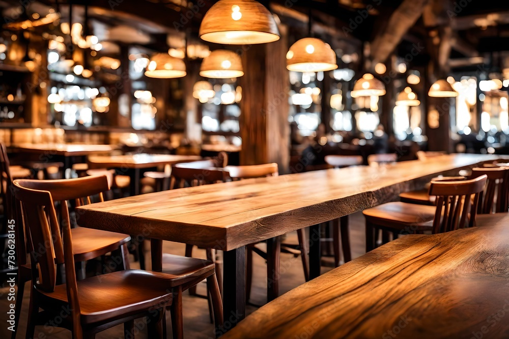 A wooden table in a restaurant or bar. The table is in the foreground and in the background is an area with wooden chairs and tables and pendant lights. The background is blurred