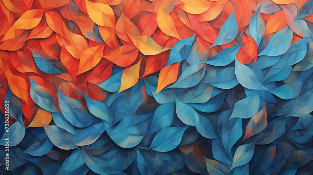 custom made wallpaper toronto digitalVibrant abstract painting of orange, red, and blue leaves in a dreamy neo-mosaic style.