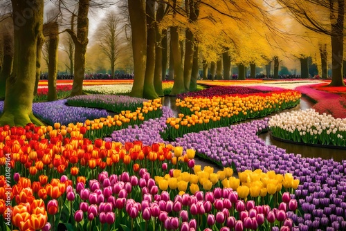 Tulip bloom in Keukenhof Flower Garden, the largest tulip park in the world. Colorful blooming fields and flower alleys, The Netherlands, Holland, Lisse, Europe