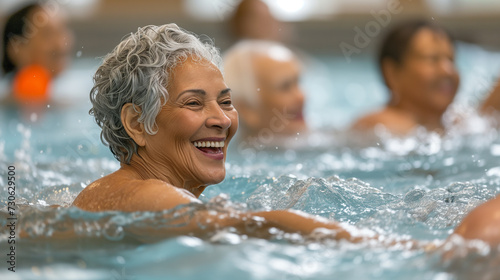 A cheerful elderly woman with glasses shares a joyful moment while swimming with friends in a sunlit pool. © feeling lucky