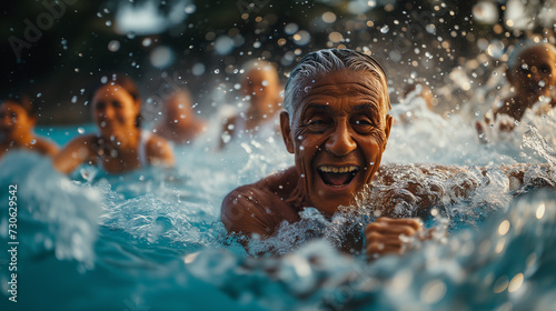 A cheerful elderly man with glasses shares a joyful moment while swimming with friends in a sunlit pool. © feeling lucky