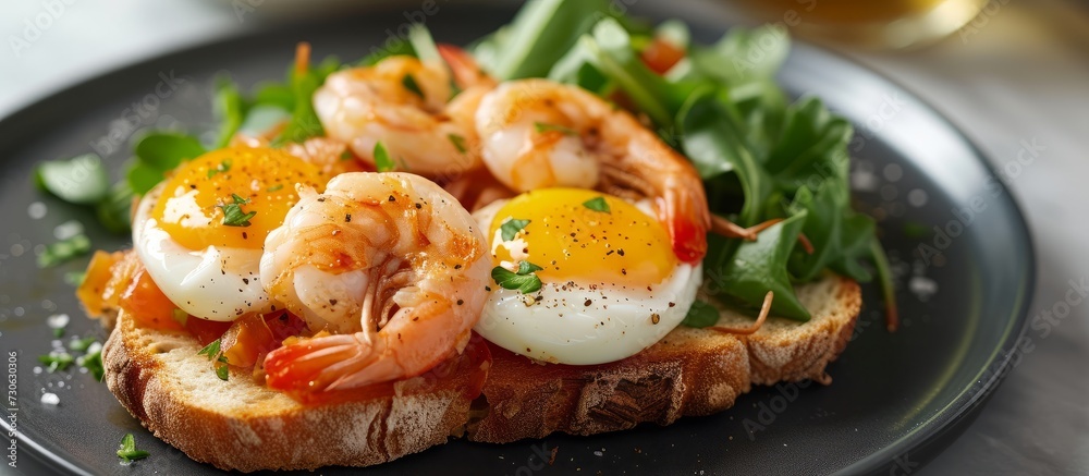 Prawn and egg on toasted bread, served with salad. Focus on select ingredients. Prawn and egg on toasted bread, served with salad. Focus on select ingredients.