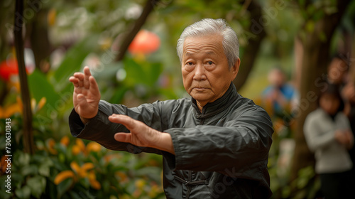 An elderly man in traditional attire performs Tai Chi, demonstrating grace and tranquility in a lush park setting.