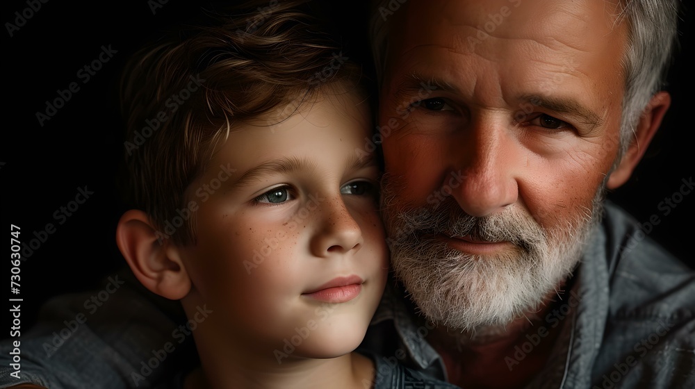 Senior man and young boy sharing a moment, bond across generations. portrait in low key lighting. emotional family photo. AI Senior man and young boy sharing a moment, bond across generations. portrait in low key lighting. emotional family photo. AI