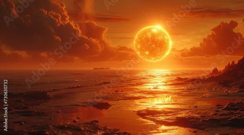 A vast alien seascape with a large sun setting on the horizon under a cloudy sky,AI generated