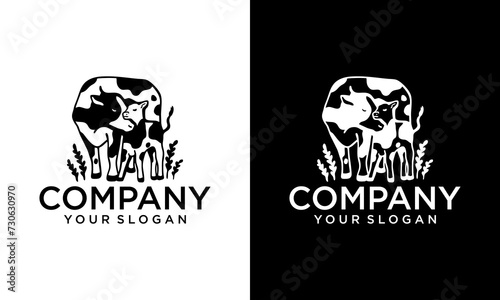 Creative Vector calf and cow farm logo illustration in flat style isolated on white. Mother cow with her little spotty baby.