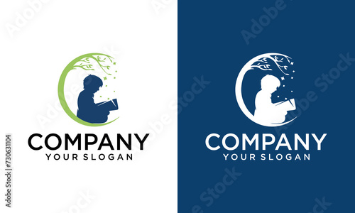 Creative Child care. Tree logo. Abstract, balance, education and life design template. Child  reading under smart brain tree, fun education logo symbol design illustration inspiration