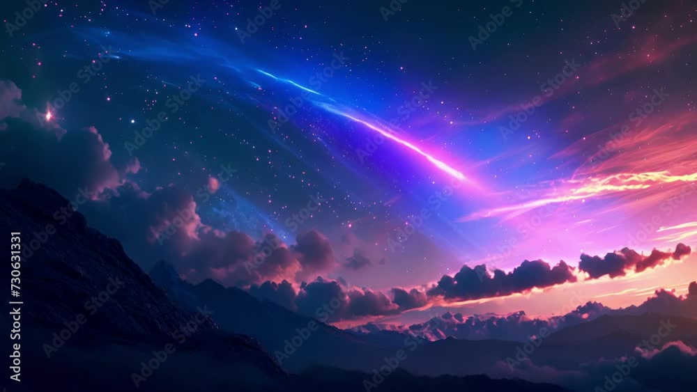 A neon blue and pink comet streaking across the sky leaving a trail of colorful light behind it. A neon blue and pink comet streaking across the sky leaving a trail of colorful light behind it.