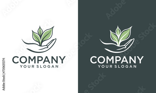 Creative Hands holding soil with plant logo. Vector thin sign of environment protection, ecology concept logo. Agriculture illustration.