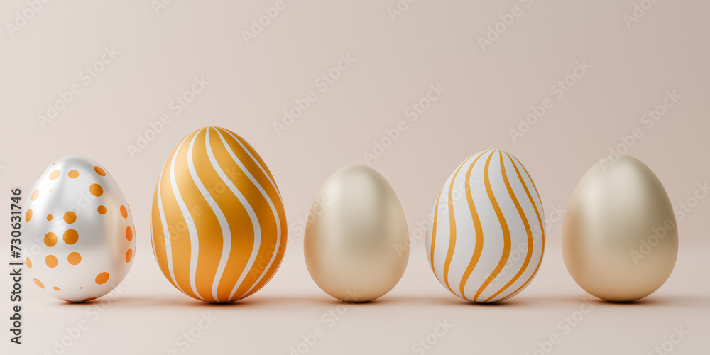 Easter banner design. Row of 3d realistic gold eggs with Copy space. 3d rendering. Easter banner design. Row of 3d realistic gold eggs with Copy space. 3d rendering.