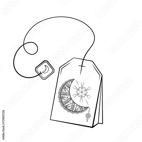 Black and white crescent moon tea bag illustration. Magic calming tea for a good sleep and relaxation.