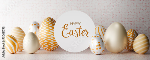 Happy easter banner design. 3d realistic gold eggs with white circle frame. 3d rendering.