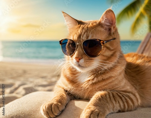 Creative concept for summer holiday. A cat in sunglasses lies on the beach against the backdrop of the sea and palm trees, image. Generated by AI
