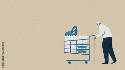 An elder man pushing a shopping cart.