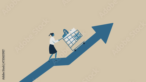 A woman pushing a shopping cart. She is walking on an arrow going up.