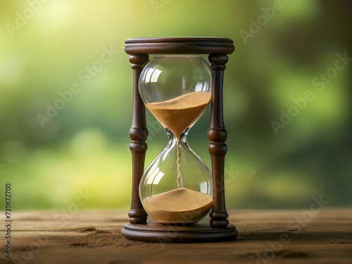 The hourglass is running out and blurred office people background
