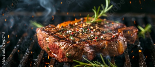 Grilled beef steak, T bone or aged wagyu porterhouse, seasoned with spices and herbs, cooked medium rare on the barbecue. photo