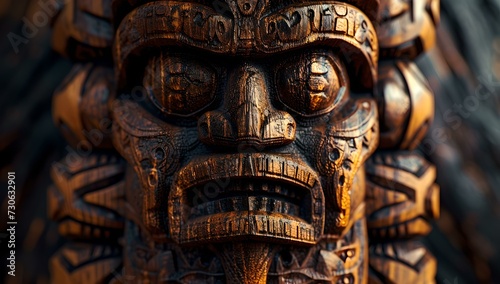 Intricate carved tribal totem in dim lighting. mysterious indigenous artifact. cultural wooden sculpture close-up. mystic atmosphere. AI © Irina Ukrainets