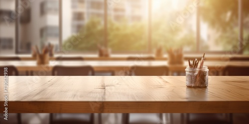 The wooden table top with blur background of classroom. Exuberant image. generative AI