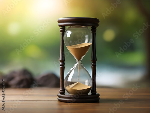 The hourglass is running out and blurred nature background