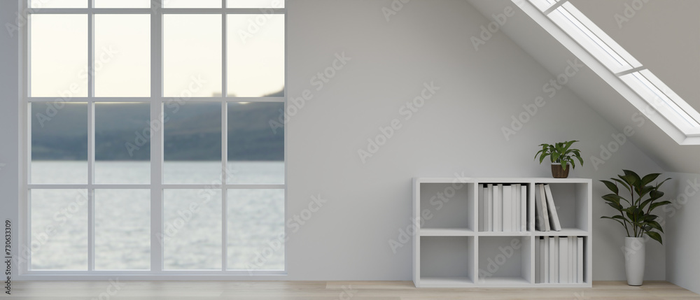 Interior design of a modern minimalist white living room with a window with ocean view. Interior design of a modern minimalist white living room with a window with ocean view.