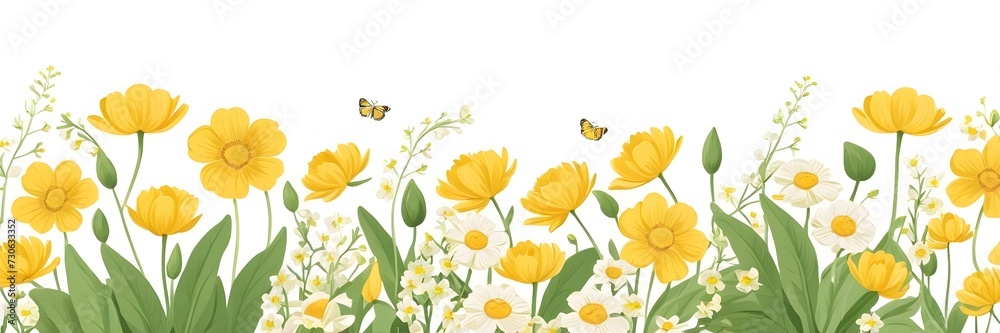 field of yellow flowers and butterflies on white background