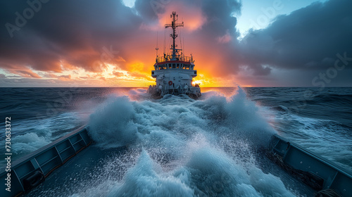 A serene image of a large ship sailing on smooth sea waters, basked in the warm glow of a breathtaking sunset sky.