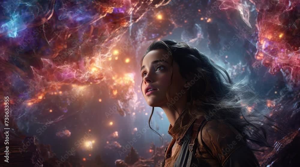 Girl on unknown planet gazes at the eerie sky in a mysterious sci-fi ...