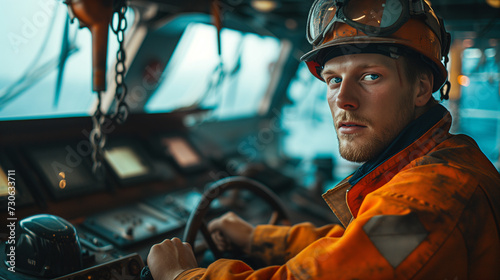 An oil rig worker in safety gear overlooks the sea during twilight, signifying industrious perseverance.