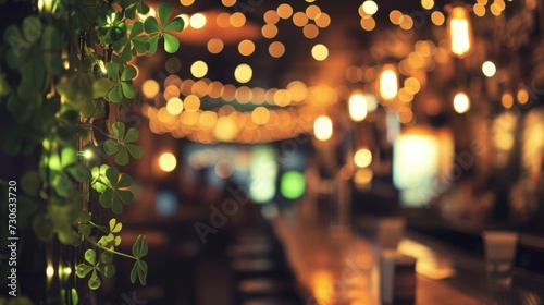 Picture of a clover garland adorning the top of a festive bar for St. Patrick's Day. Garland in focus, blurred background of the bar and patrons, © Daunhijauxx
