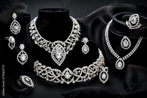 An image showcasing an exquisite set of diamond jewelry displayed elegantly on black velvet. This image encapsulates the brilliance and luxury associated with diamond jewelry