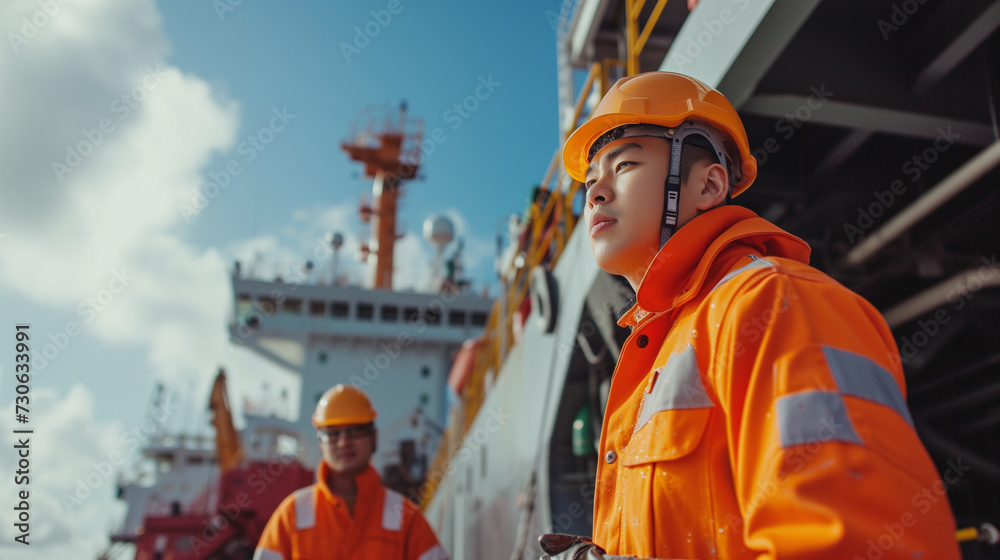 Group of oil rig workers in safety gear overlooks the sea during twilight, signifying industrious perseverance. Group of oil rig workers in safety gear overlooks the sea during twilight, signifying industrious perseverance.