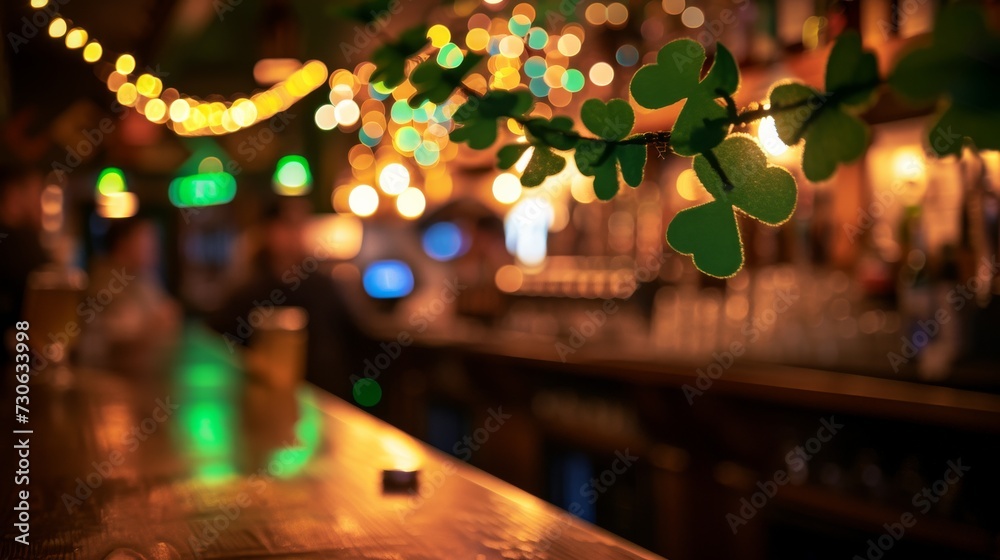  festive bar for St. Patrick's Day. Garland in focus, blurred background of the bar and patrons