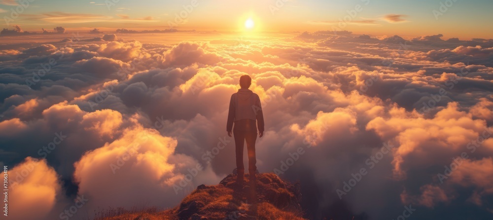 Man standing at the top with sunset cloudscape panoramic background. Generative AI technology.	
 - obrazy, fototapety, plakaty 