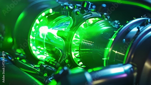 A closeup of a neon green light illuminating a turbocharger giving it an otherworldly glow and emphasizing its importance in the engines performance. photo