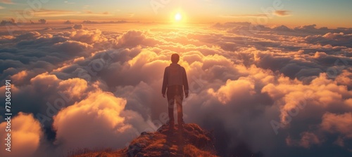 Man standing at the top with sunset cloudscape panoramic background. Generative AI technology. 
