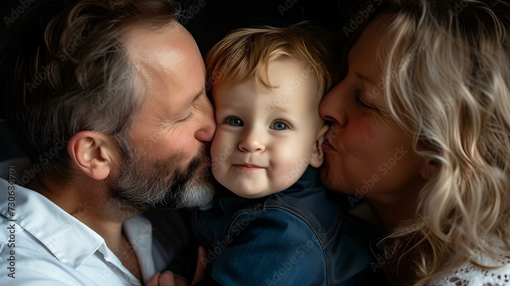 Family love in a candid moment. parents kissing a child, radiating joy and affection. intimate home atmosphere captured beautifully. perfect for family-themed content. AI