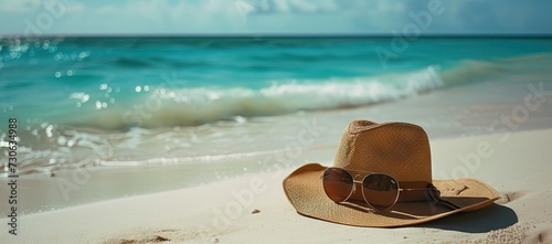 Sunglasses and sun hat casually placed on sandy beach capturing essence of summer vacation and relaxation scene sets mood for leisurely travel and tropical holidays with sea and sky in background