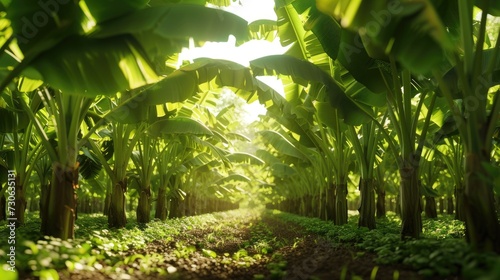 Banana tree plantation in nature with daylight. Industrial scale banana cultivation for worldwide export.