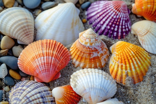 Collection of various colorful seashells on sand.
