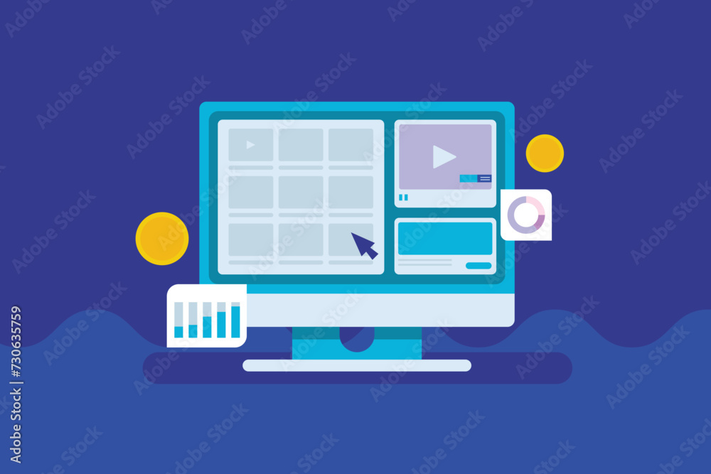 Display ad network, Video advertising on Social media, Digital advertising, Video ad analytics, vector illustration banner.