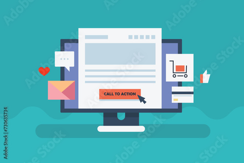 Call to action on the landing page, Click through rate, Website call to action button optimization, customer taking action through call to action, vector illustration banner.