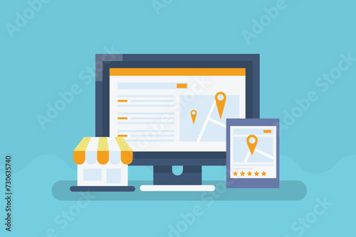 Local SEO marketing, Business listing on search engine maps, Search engine business listing with customer review on laptop and smartphone, vector illustration banner.