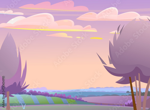 Twilight summer landscape. Countryside. Fields and vegetable gardens. Funny cartoon style. Picture vector